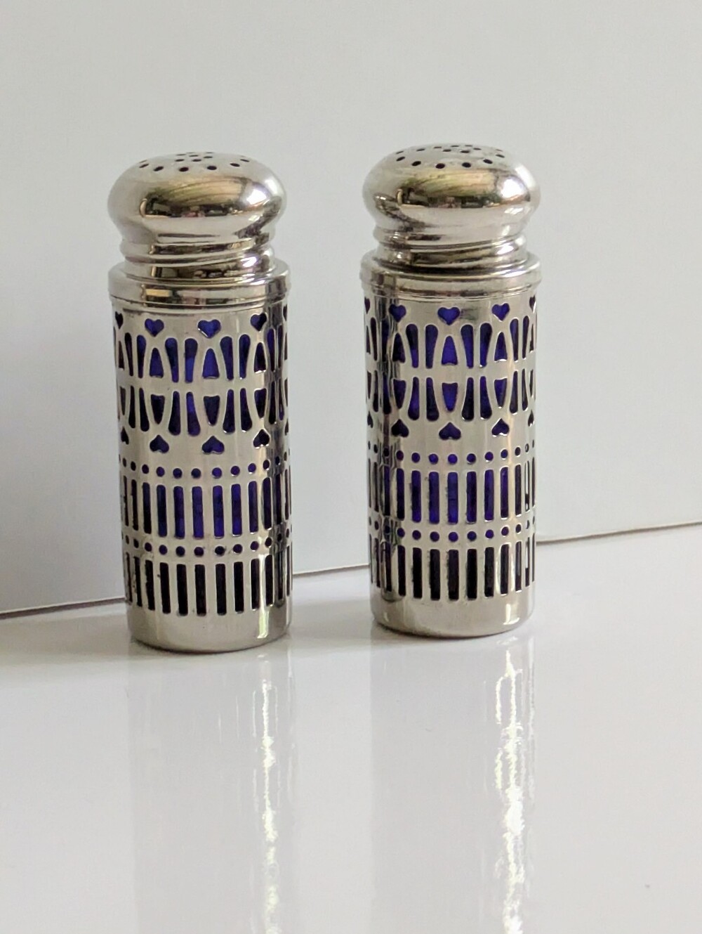 Vintage Cobalt Blue Glass Salt & Pepper Shakers Silver Plate Filigree UK Fancy